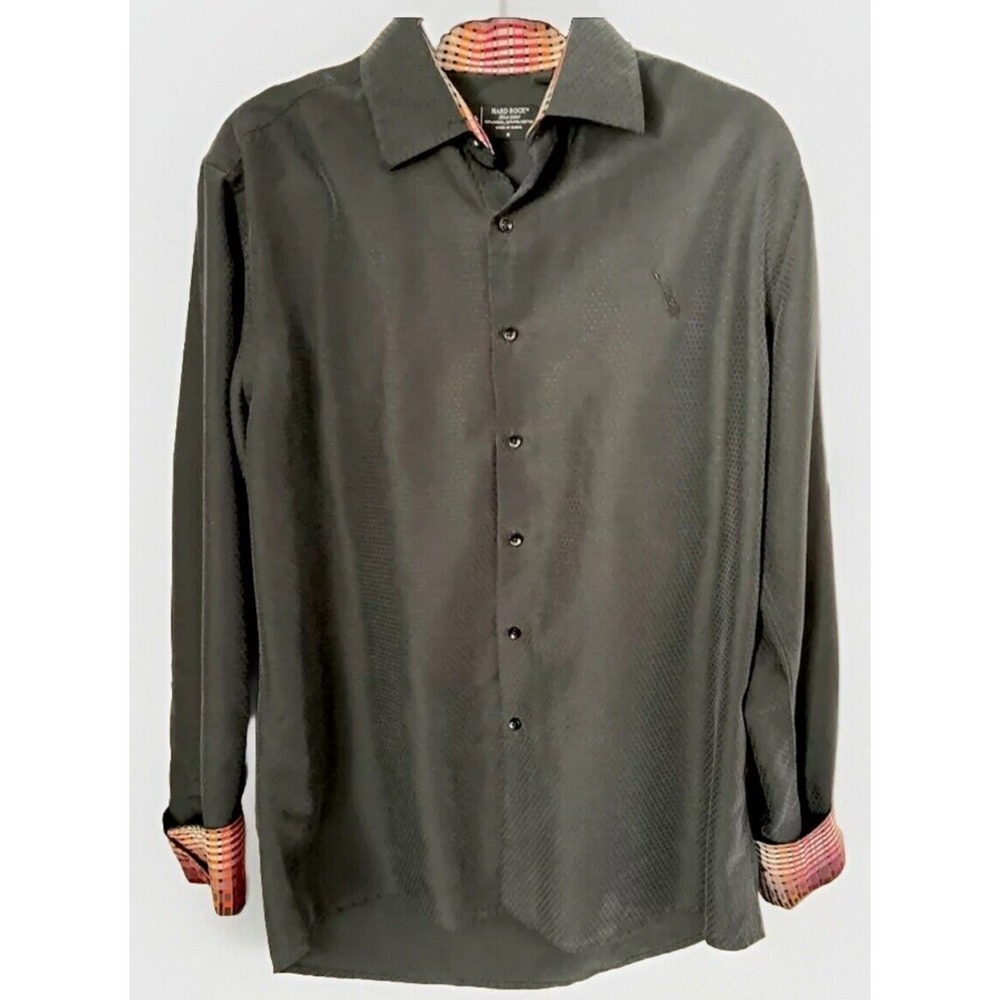 HARD ROCK BLACK LABEL MENS BUTTON DOWN LONG SLEEVE Black SHIRT S‎ Med Flip Cuffs
